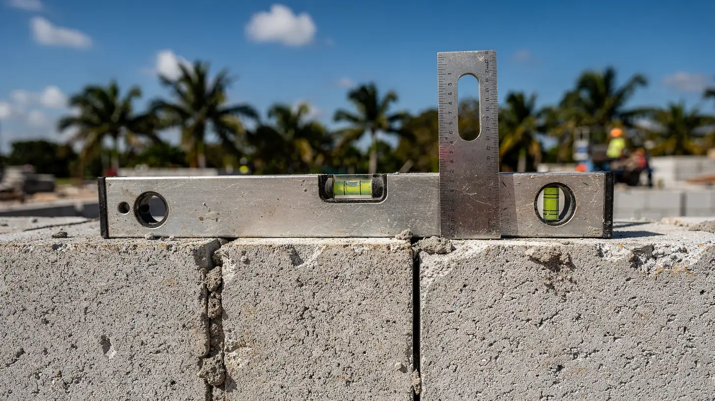 A steel builders square and a spirit level resting on a part-finished concrete block wall in bright Florida morning sun, the level bubble centered.