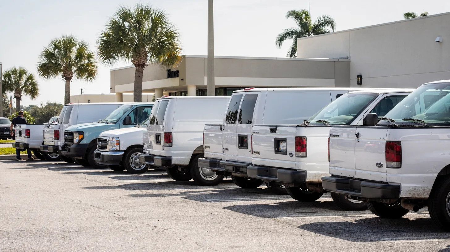A small business parking lot in bright morning sun, most spaces filled with plain white work vans and pickup trucks, only one or two people visible in the distance.