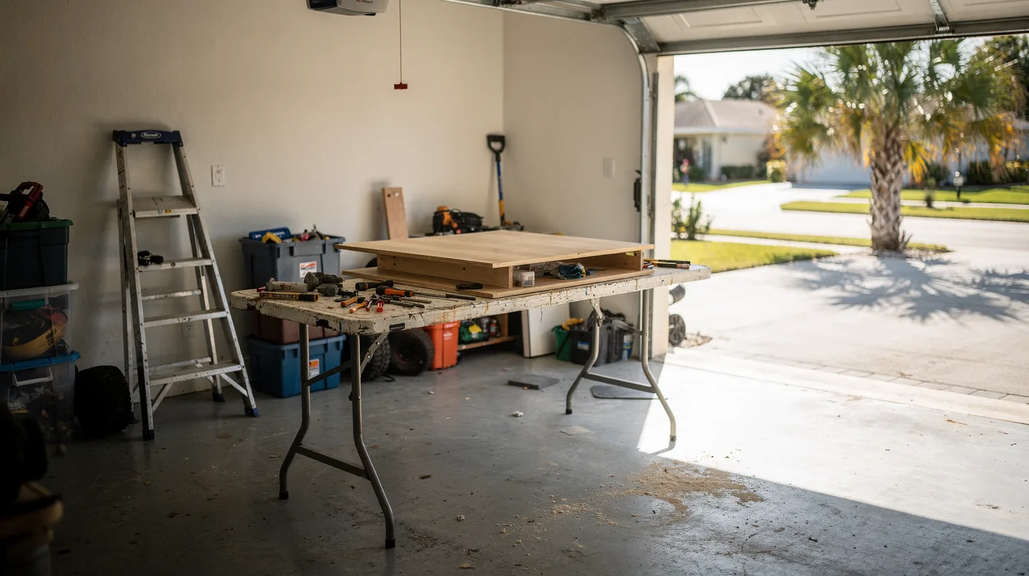 A bright open home garage in Florida morning sun with a half finished project on a folding workbench and hand tools set down mid task.