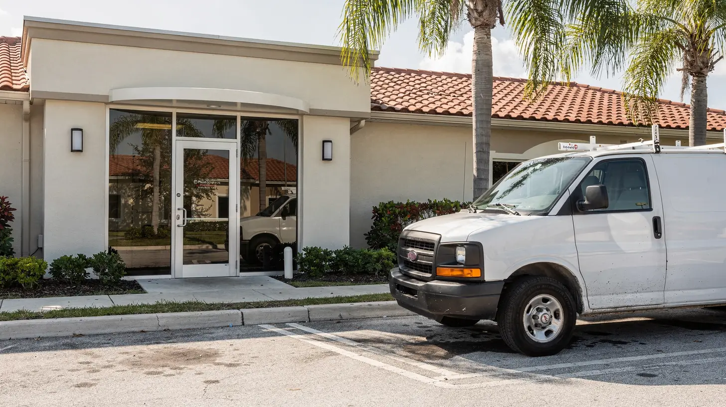 A plain white work van parked outside a small stucco office suite with a glass entrance door on a bright Southwest Florida morning, barrel tile roof and royal palms behind.