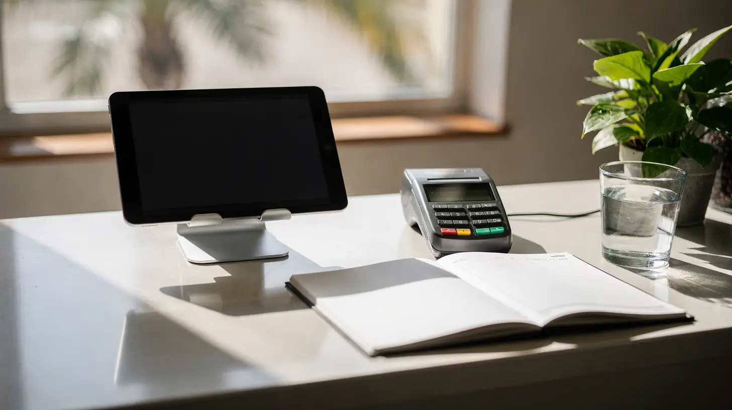 A service counter in a small business on a bright morning, a tablet on a stand beside a card reader and an open appointment book, palms visible through the window behind.