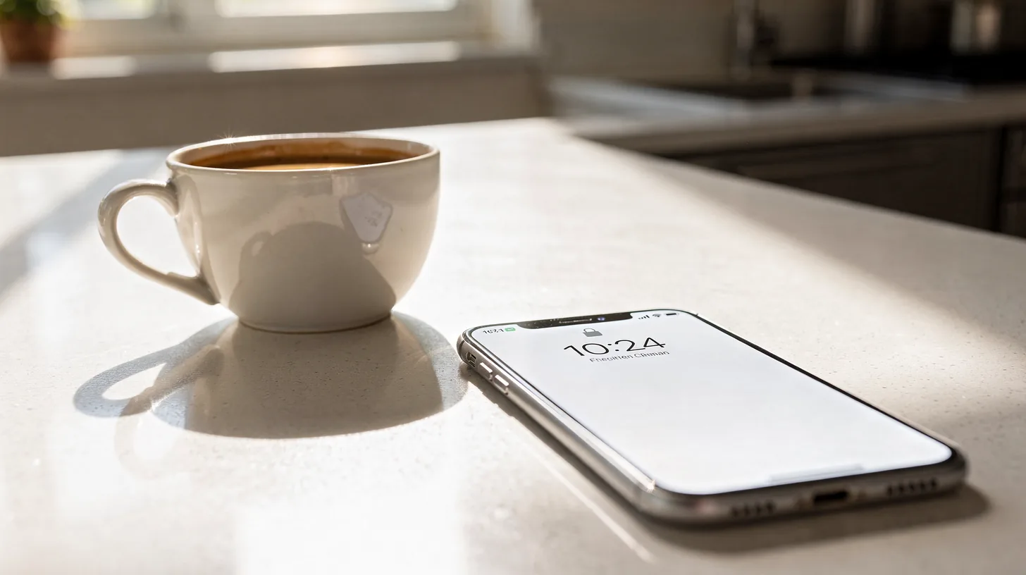 A mobile phone lying face up and lit on a bright pale kitchen counter beside a coffee cup, in strong Florida morning light.