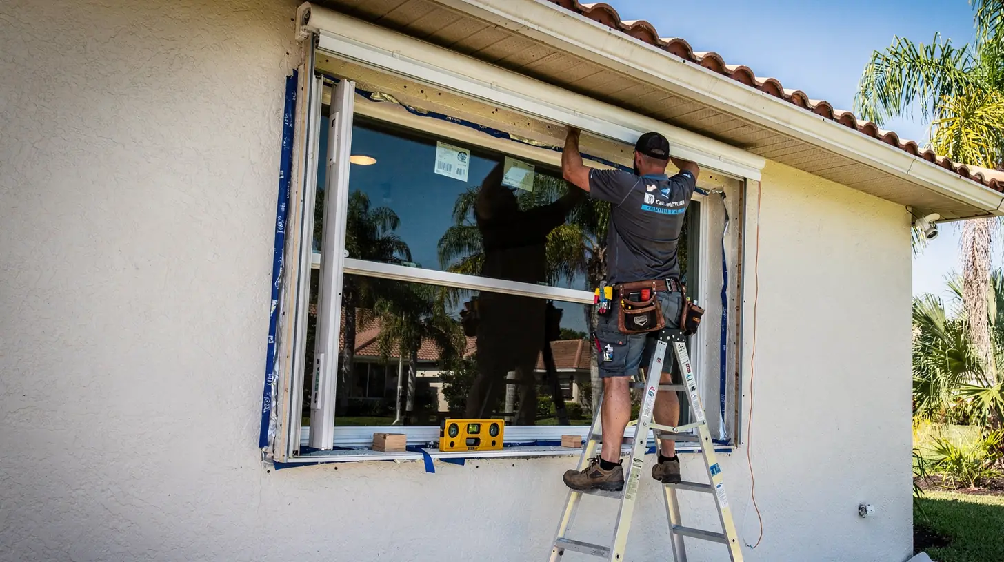 An installer on a ladder fitting a large window unit into the stucco wall of a Southwest Florida house in bright morning sun, shims and a level on the sill, royal palms behind.