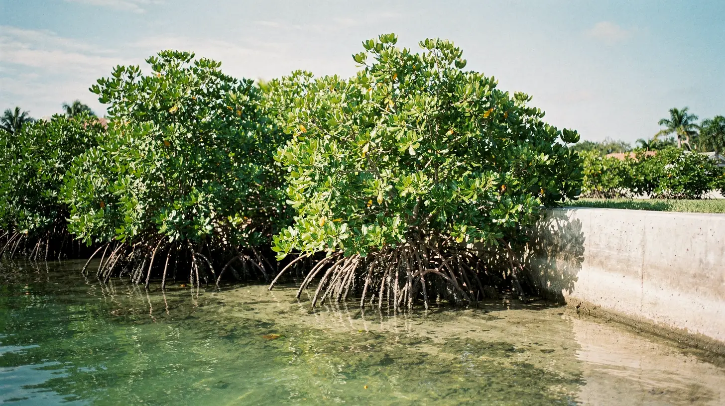 A dense green mangrove fringe along the edge of a Southwest Florida residential canal in bright morning light, arching prop roots in the shallow water and a concrete seawall visible further along the bank.