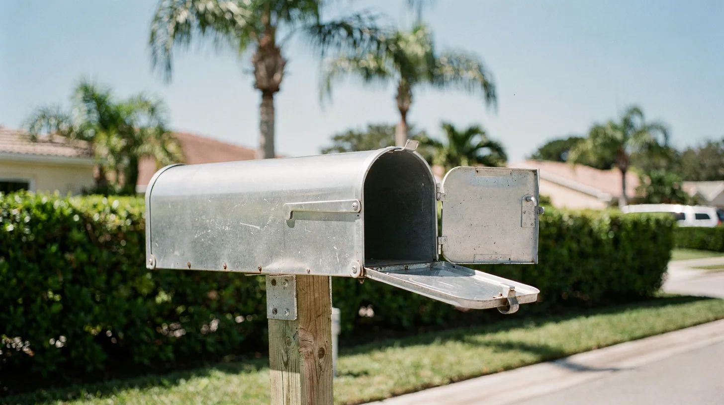 A row of plain metal mailboxes on a post at the end of a Florida residential street in bright morning sun, one small door hanging open and empty.