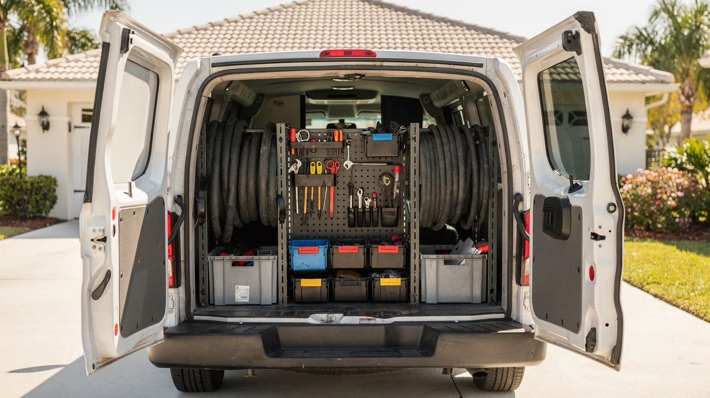 The open rear doors of a service van in bright Florida morning light, the interior racking organized with coiled hose, hand tools and parts bins.