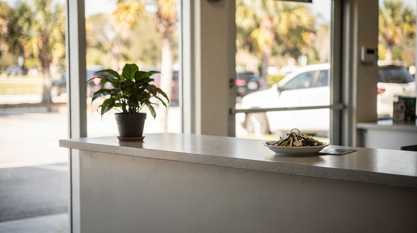 The tidy front counter of a small Florida business in bright morning light, a potted plant and a dish of keys, sabal palms and a work truck visible through the glass.