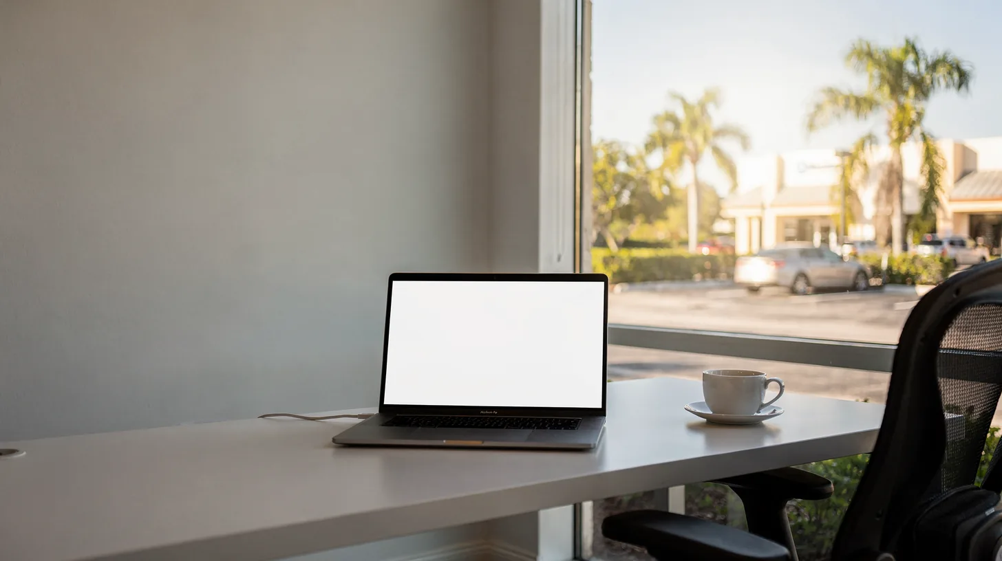 A laptop open on a pale desk beside a tall window looking onto Florida palms and a sunlit parking lot, its screen blank and white.