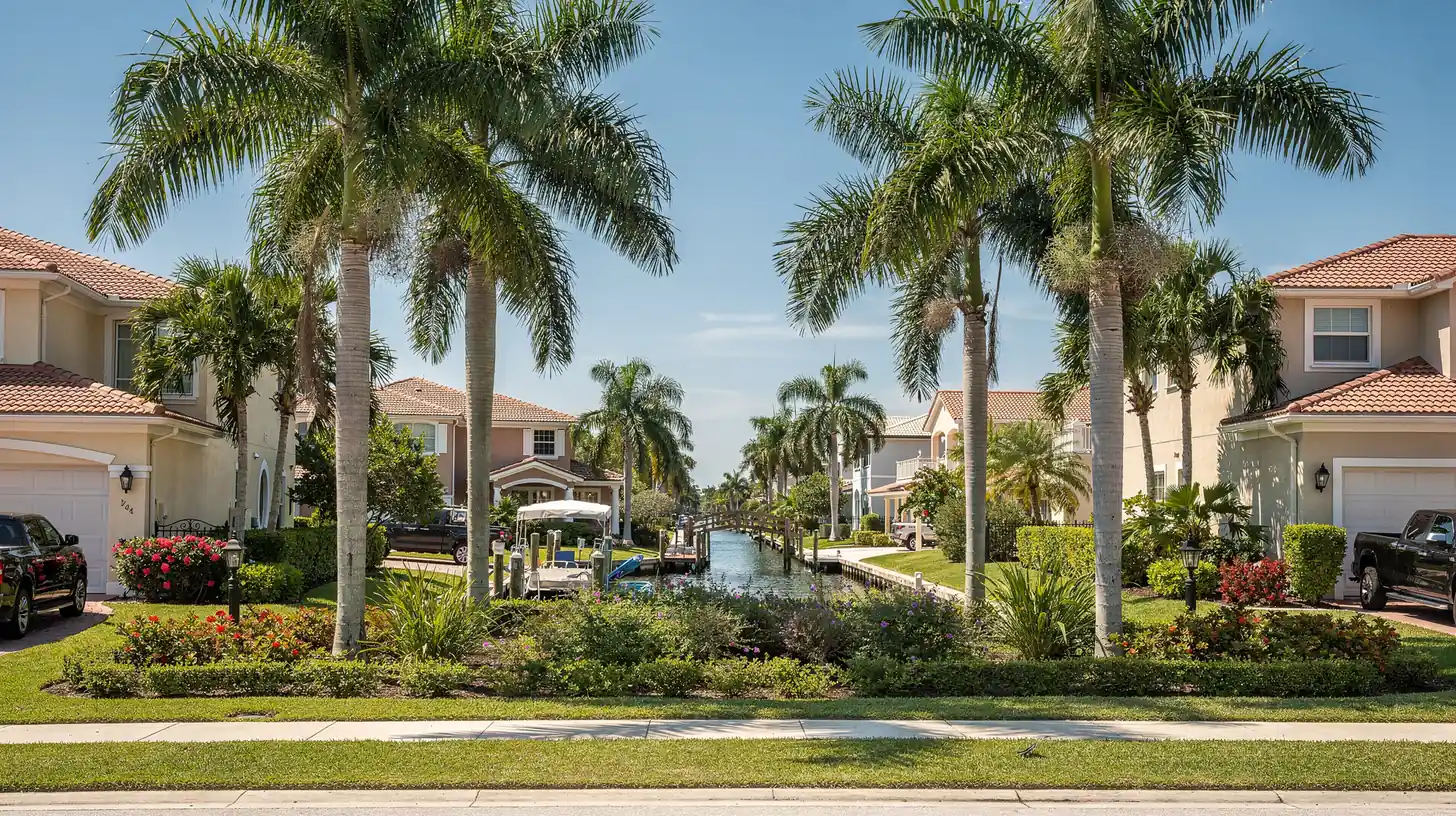 A quiet street of waterfront homes in an established Gulf coast Florida neighborhood, royal palms along the verge and a private dock on the canal beyond.