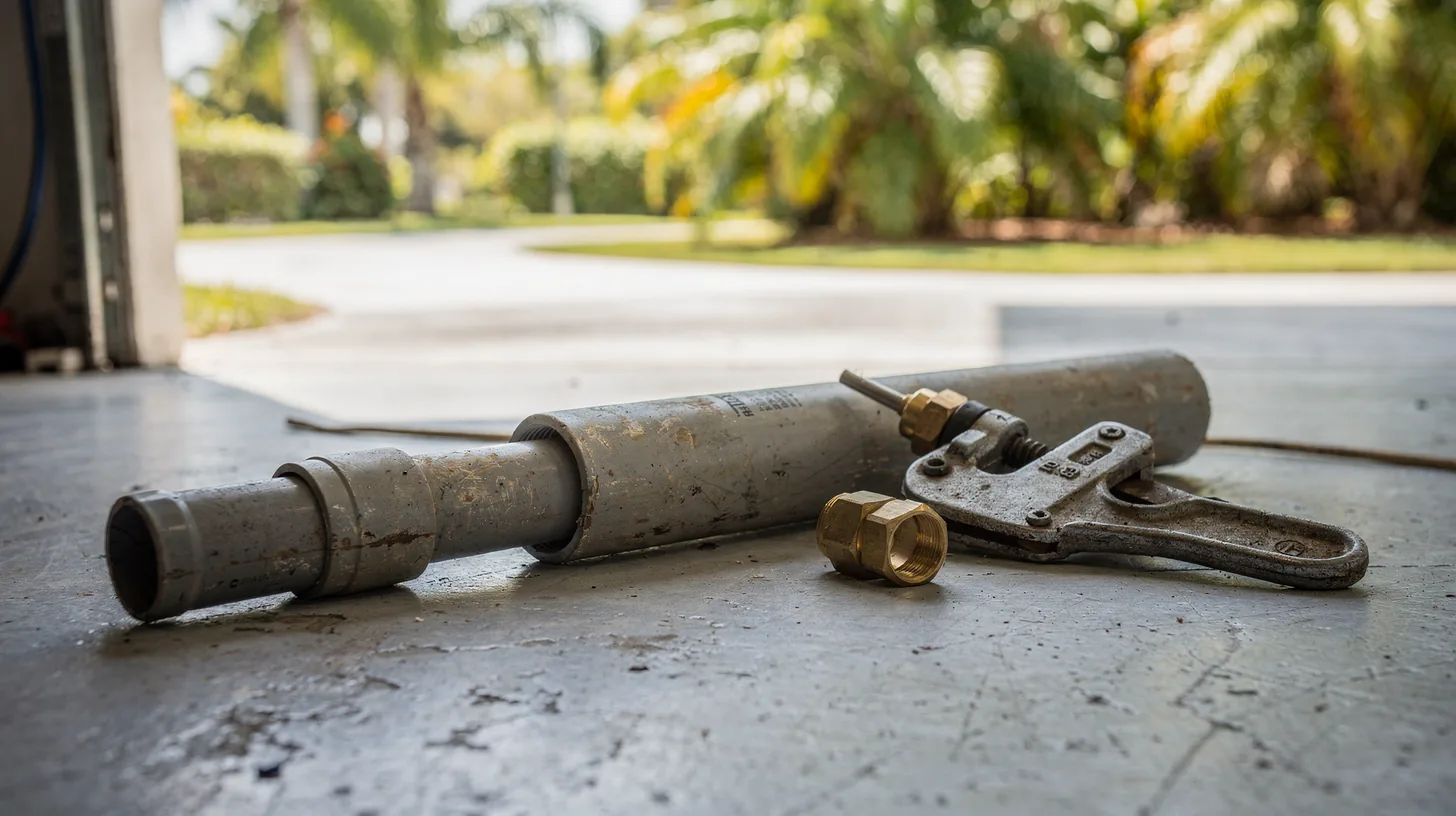 A cut section of older grey plastic water supply pipe and its fittings resting on a concrete garage floor beside a pipe cutter, bright daylight from an open garage door.