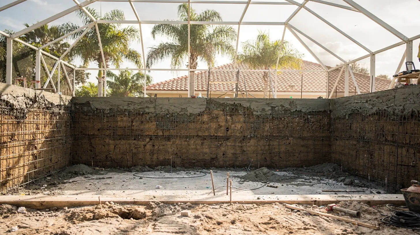 A residential pool under construction in bright Southwest Florida daylight, steel reinforcing mesh lining the excavated shell beneath an erected screen enclosure frame, royal palms and a barrel tile roof beyond.
