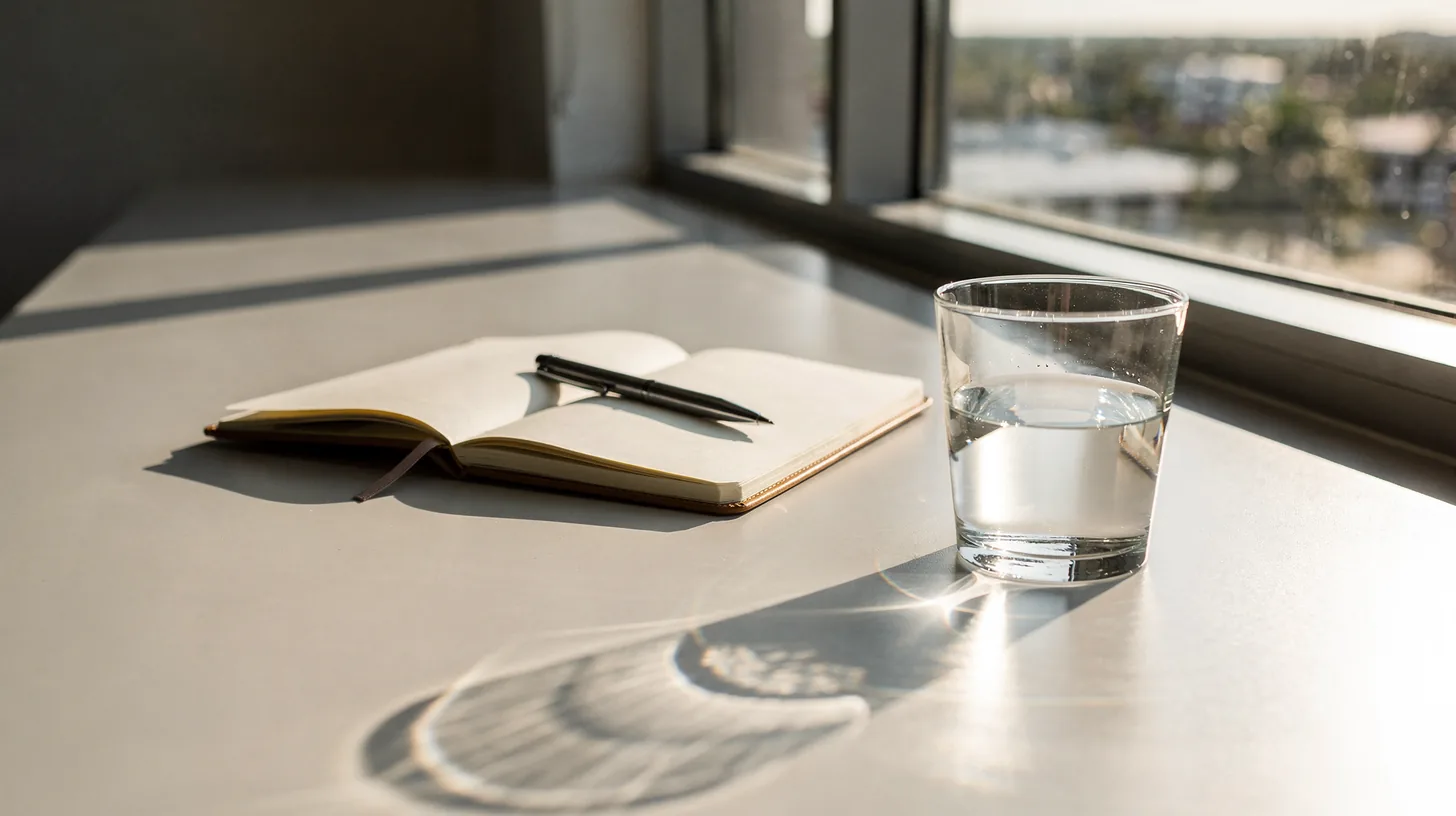 A bright desk beside a window in strong morning light, an open blank notebook and pen beside a glass of water casting a caustic pattern across the surface.