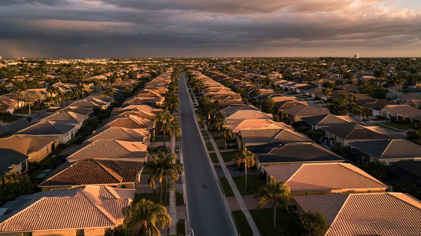 Low aerial view over a dense Southwest Florida residential neighborhood, rows of tile and shingle roofs lit by late afternoon sun with a dark storm front building on the horizon.