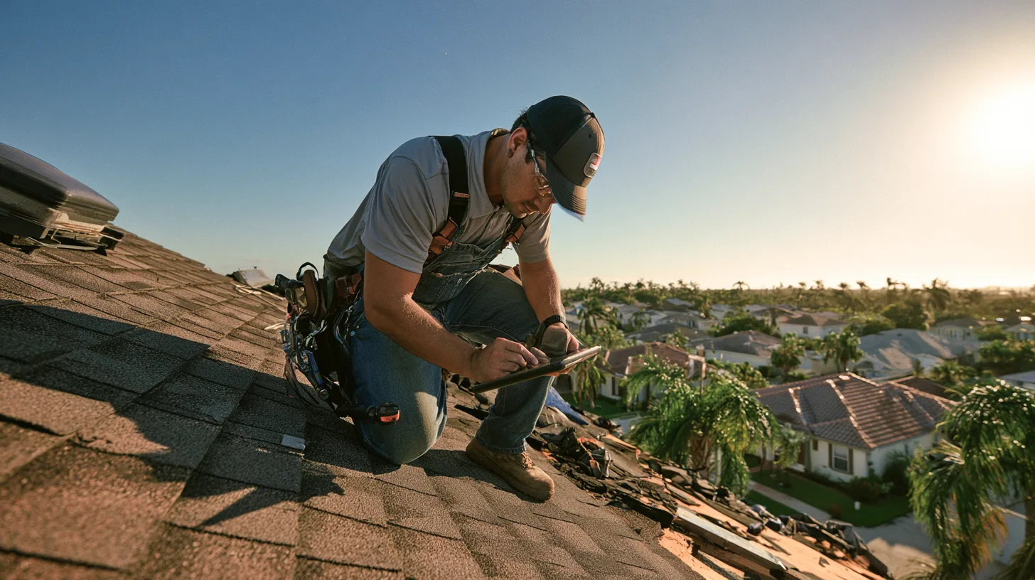 A roofing contractor kneeling on a residential shingle roof documenting storm damage on a tablet, with Southwest Florida rooftops and palm trees visible below.