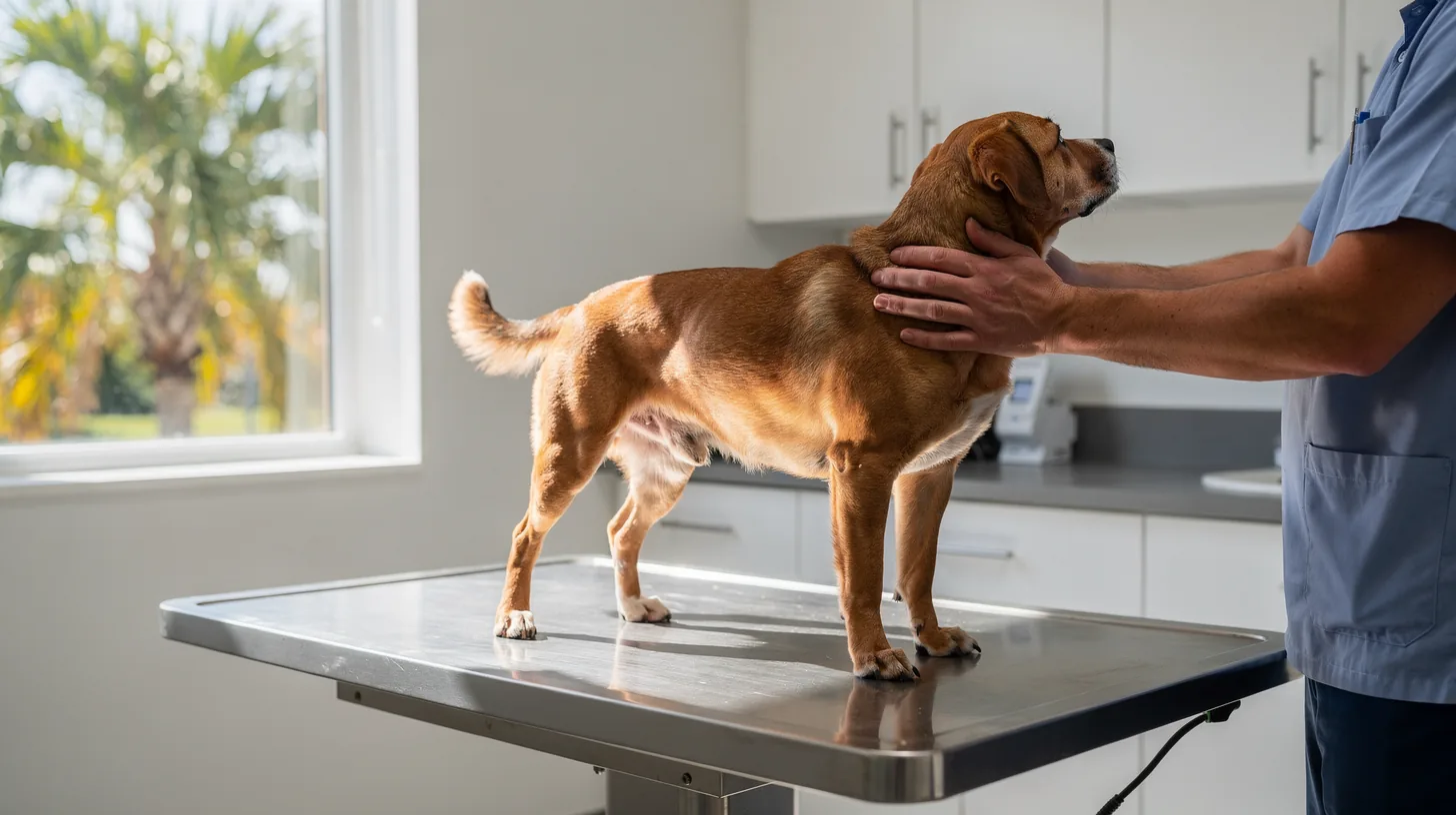 A calm dog standing on a stainless steel examination table in a bright veterinary room, steadied by a hand, palms visible through the window.