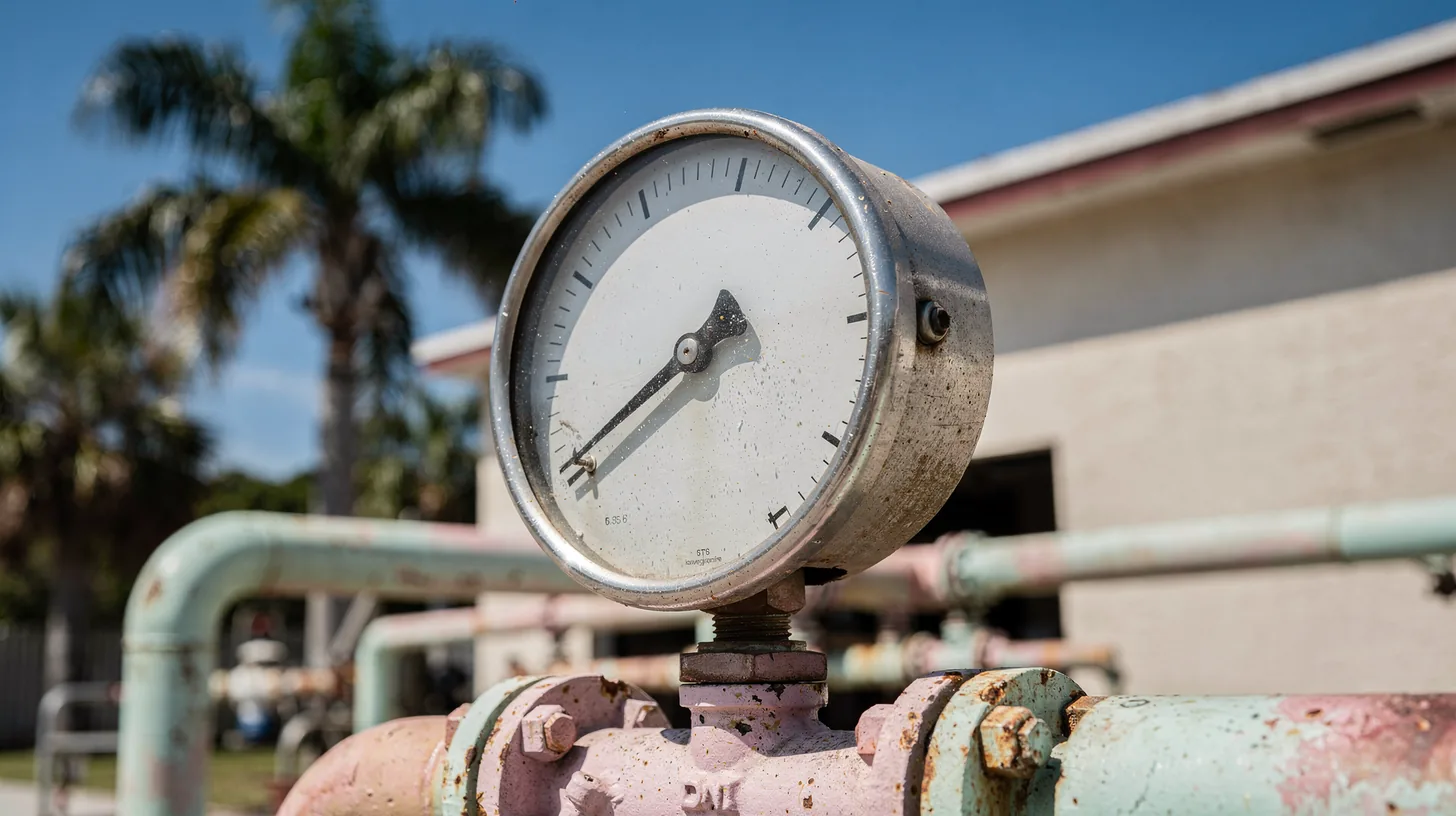 A large analogue pressure gauge on painted pipework outside a Florida commercial building in bright morning sun, its needle swung hard to one end of the dial.