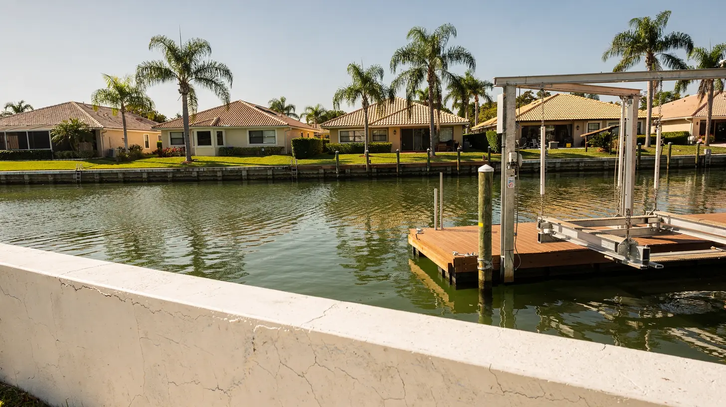 A concrete seawall cap and a timber dock on a Southwest Florida residential canal in bright morning sun, a boat lift beside the dock and single storey homes along the far bank.