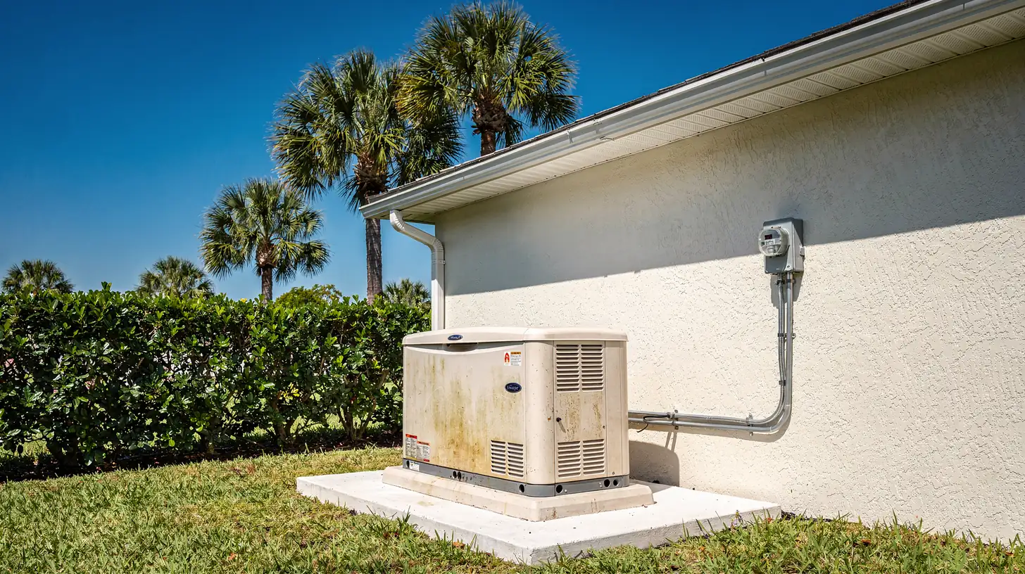 A whole home standby generator on a concrete pad beside the stucco wall of a Florida house, conduit running up to an exterior meter box, palms and clipped hedge behind.