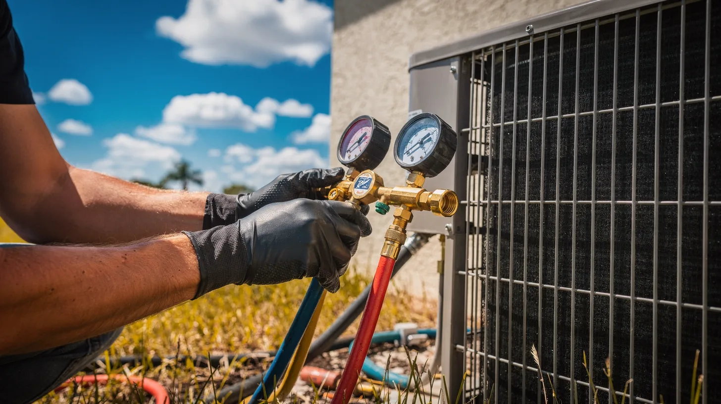 A technician’s gloved hands setting a gauge manifold onto the service ports of a residential air conditioning condenser in hard Florida midday sun.