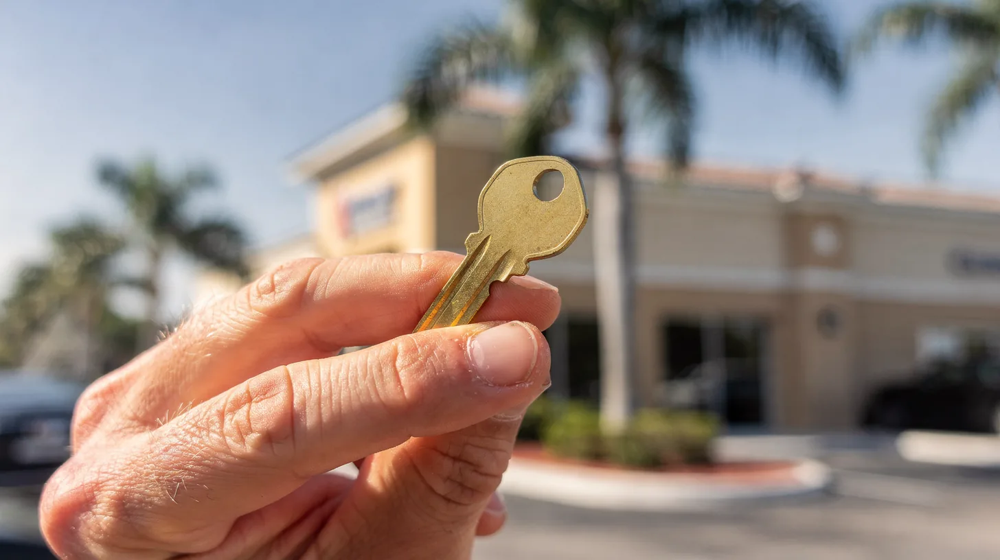 A plain brass key held between finger and thumb in bright sunlight, with an out of focus Florida commercial building and palms behind.