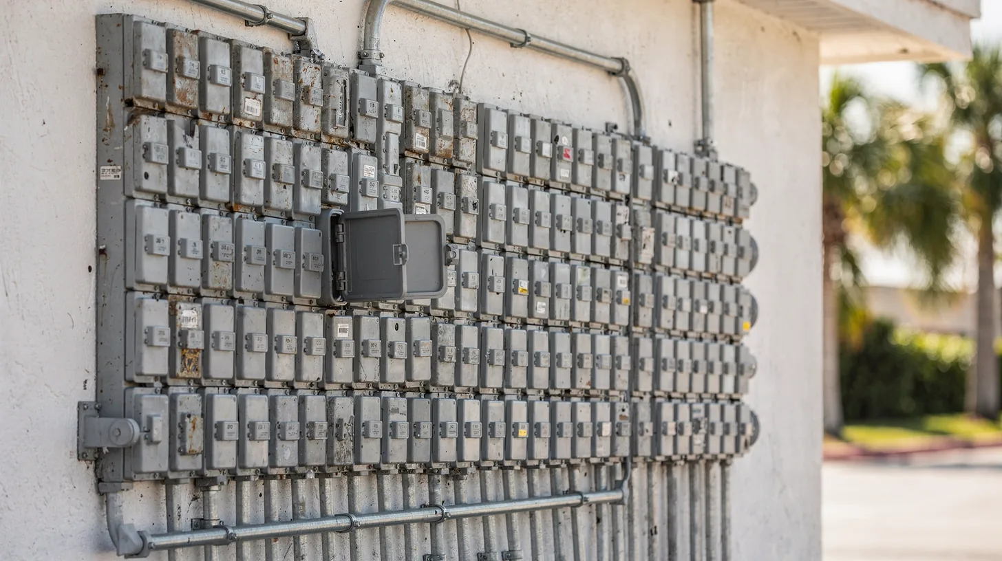 A wall of identical grey electrical junction boxes and conduit on a small commercial building in bright daylight, one cover hanging open on its hinge.