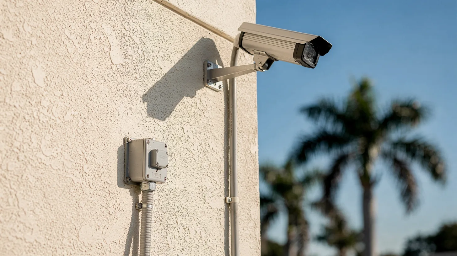 A weatherproof camera on a metal bracket mounted high on the sunlit stucco wall of a small Florida commercial unit, grey conduit running down to a junction box, palms out of focus behind.
